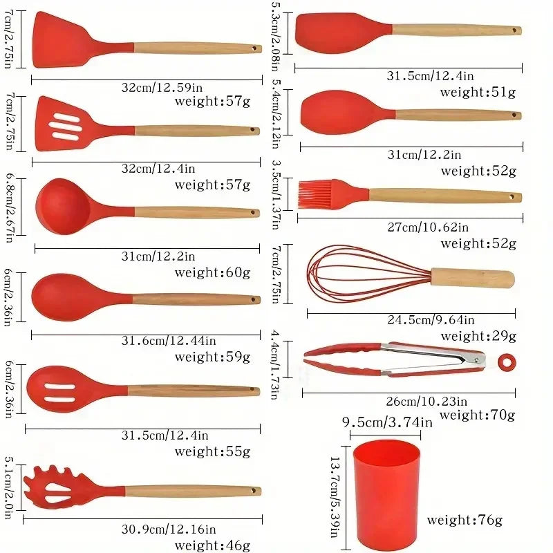 StoneSoft Silicone Kitchen Utensil Set with Wooden Handles - 12pcs Set of Multi-color Silicone