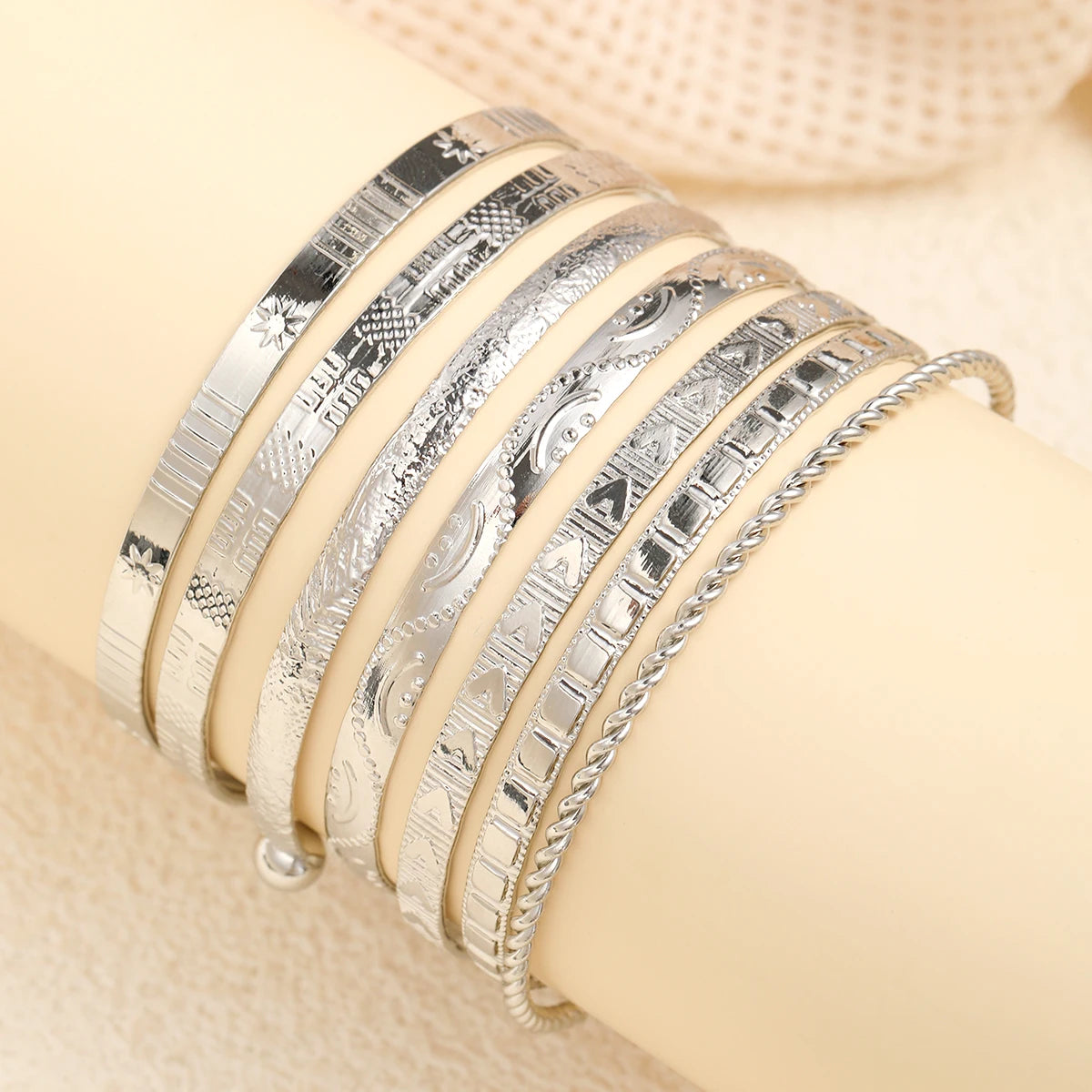 Silver Harmony Textured Bangle Set