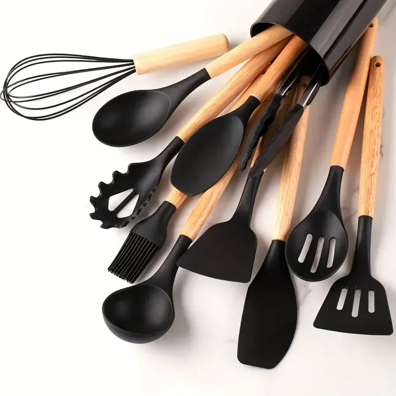StoneSoft Silicone Kitchen Utensil Set with Wooden Handles - 12pcs Set of Multi-color Silicone