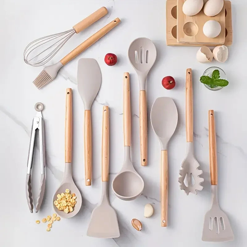 StoneSoft Silicone Kitchen Utensil Set with Wooden Handles - 12pcs Set of Multi-color Silicone