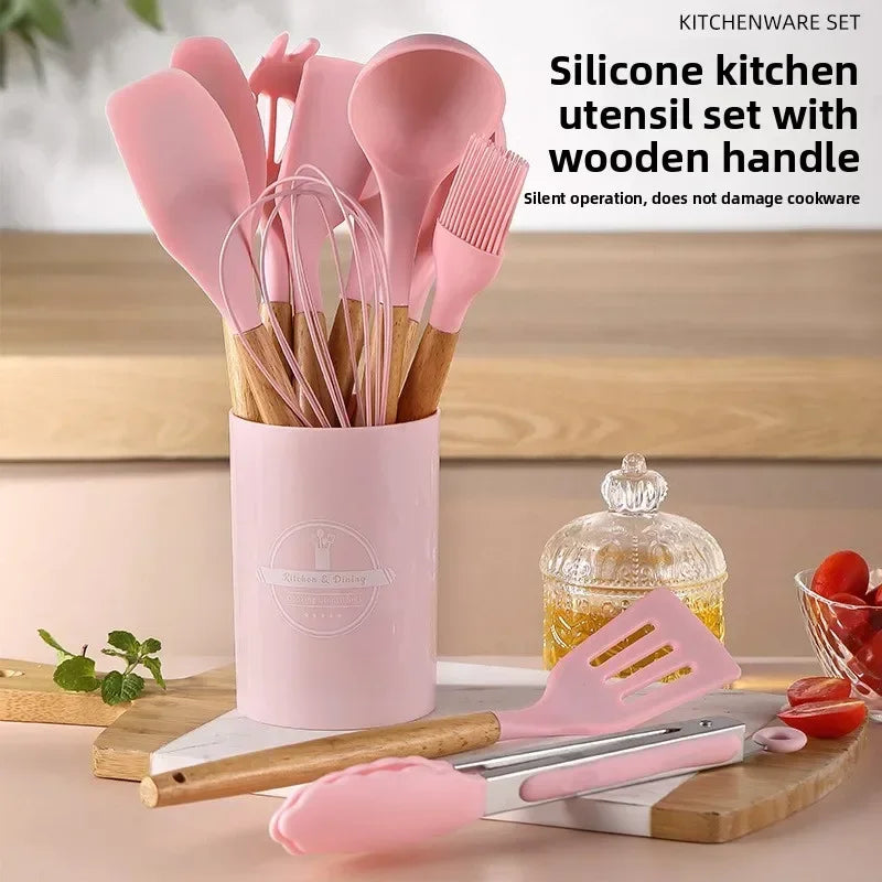 BlushCook Silicone Kitchen Utensil Set with Wooden Handles - 12PCS Silicone Kitchenware