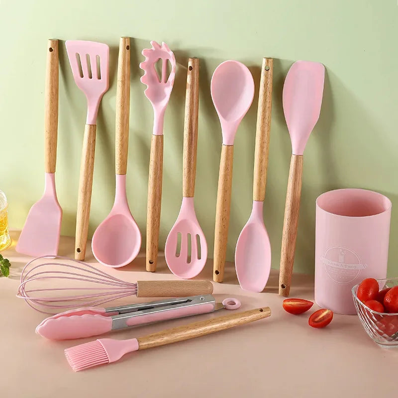 BlushCook Silicone Kitchen Utensil Set with Wooden Handles - 12PCS Silicone Kitchenware