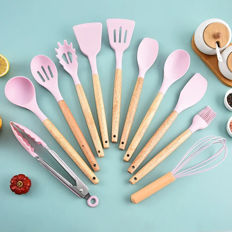 BlushCook Silicone Kitchen Utensil Set with Wooden Handles - 12PCS Silicone Kitchenware
