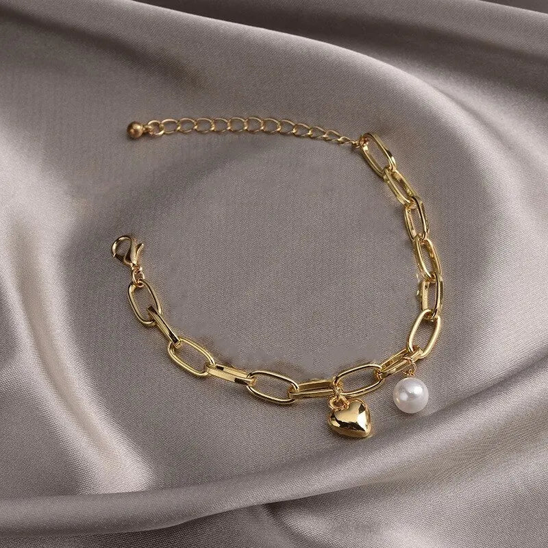 Golden Heart &amp; Pearl Charm Bracelet