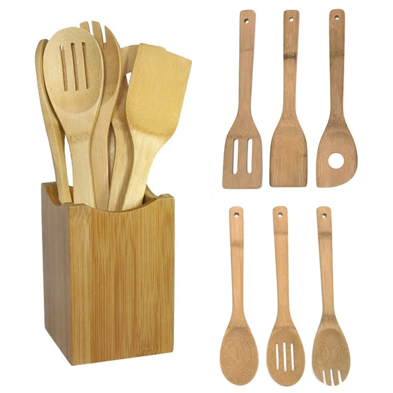EcoBamboo Wooden Kitchen Utensil Set with Holder