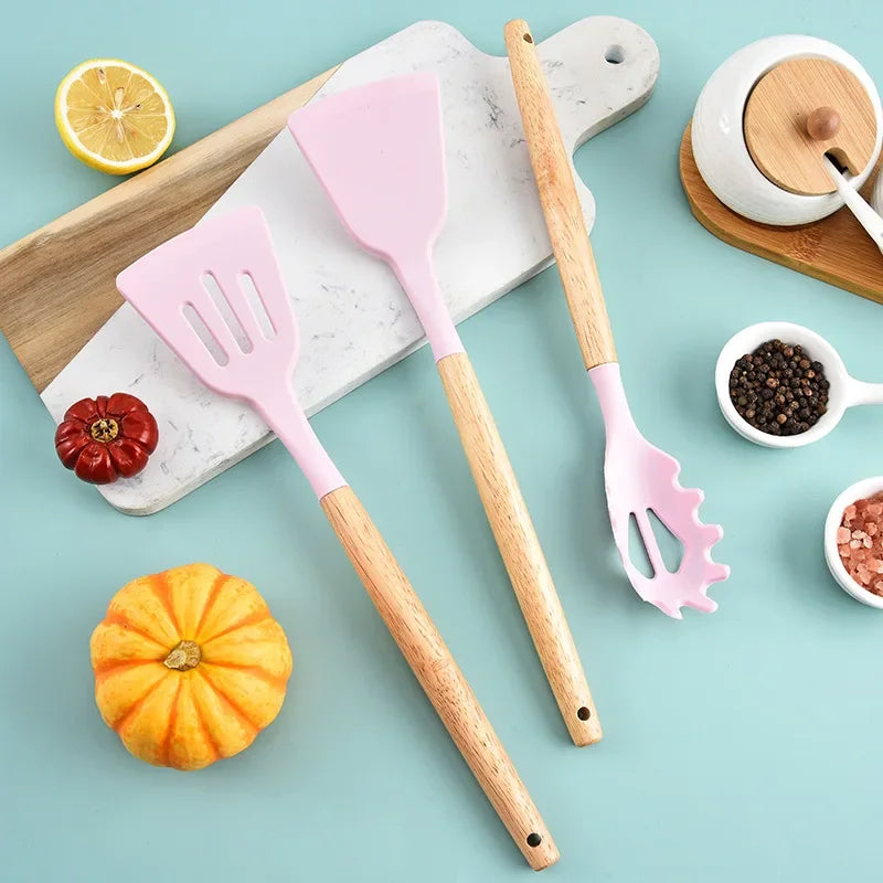 BlushCook Silicone Kitchen Utensil Set with Wooden Handles - 12PCS Silicone Kitchenware