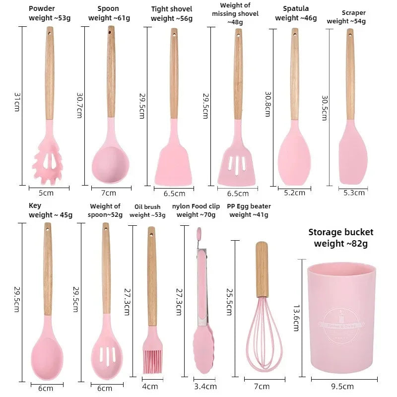 BlushCook Silicone Kitchen Utensil Set with Wooden Handles - 12PCS Silicone Kitchenware