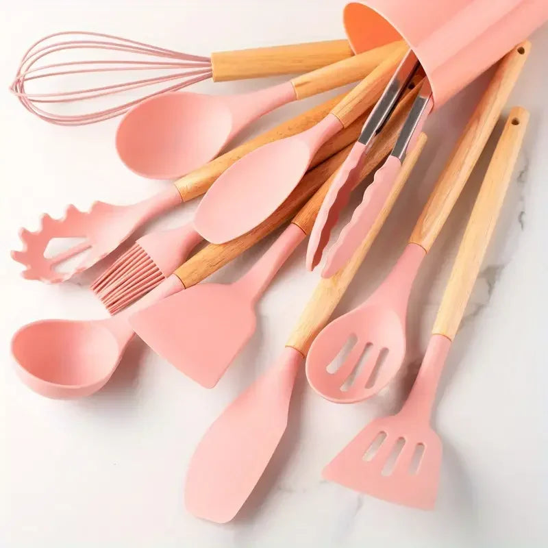 StoneSoft Silicone Kitchen Utensil Set with Wooden Handles - 12pcs Set of Multi-color Silicone
