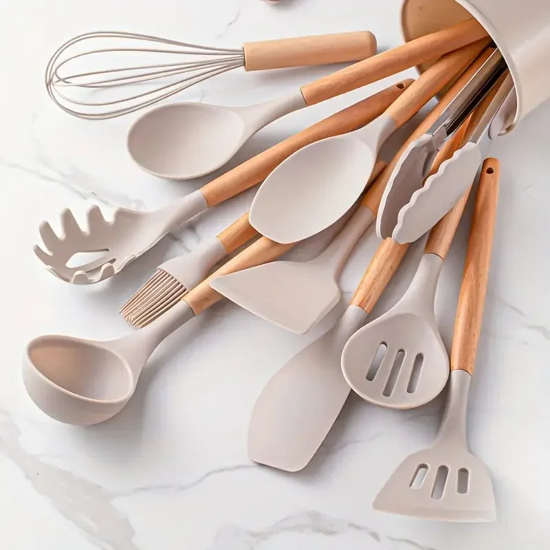 StoneSoft Silicone Kitchen Utensil Set with Wooden Handles - 12pcs Set of Multi-color Silicone