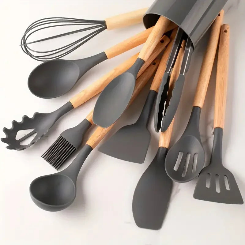 StoneSoft Silicone Kitchen Utensil Set with Wooden Handles - 12pcs Set of Multi-color Silicone